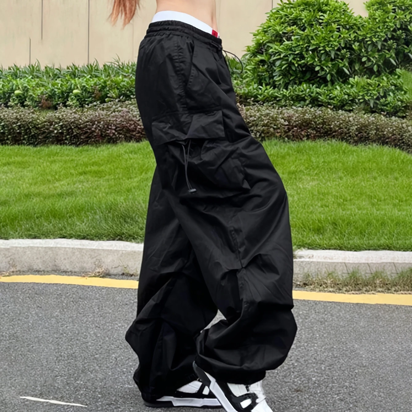 Y2K 여성용 낙하산 블랙 바지, 히피 스트리트웨어, 오버사이즈 포켓, 카고 패션, 와이드 레그 캐주얼, 헐렁한 스트레이트 바지