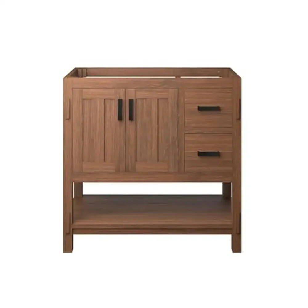 Mid-Century Modern Mindi Wood Bathroom Vanity Cabinet Storage Drawers Open Shelf Not Included Walnut Organic Elegant Towel 4