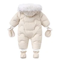 AYNIGIELL 2024 Winter Newborn Thickening Jumpsuit Built-in Wool Hooded Down Romper Baby Boys and Girls Warm Snowproof Overalls 2