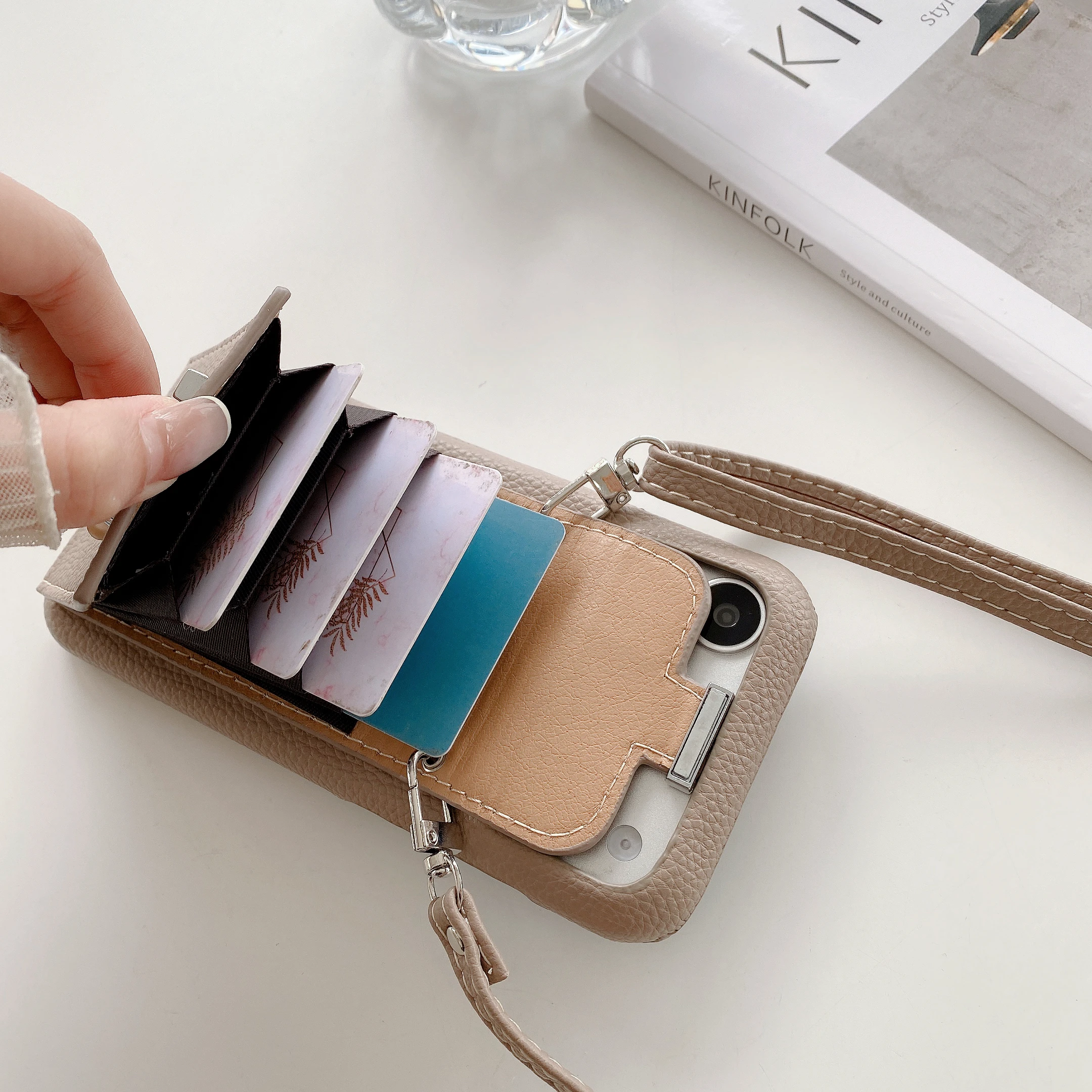Elegant Leather Wallet Shoulder Strap Phone Case with Card Pocket and Lanyard Cover