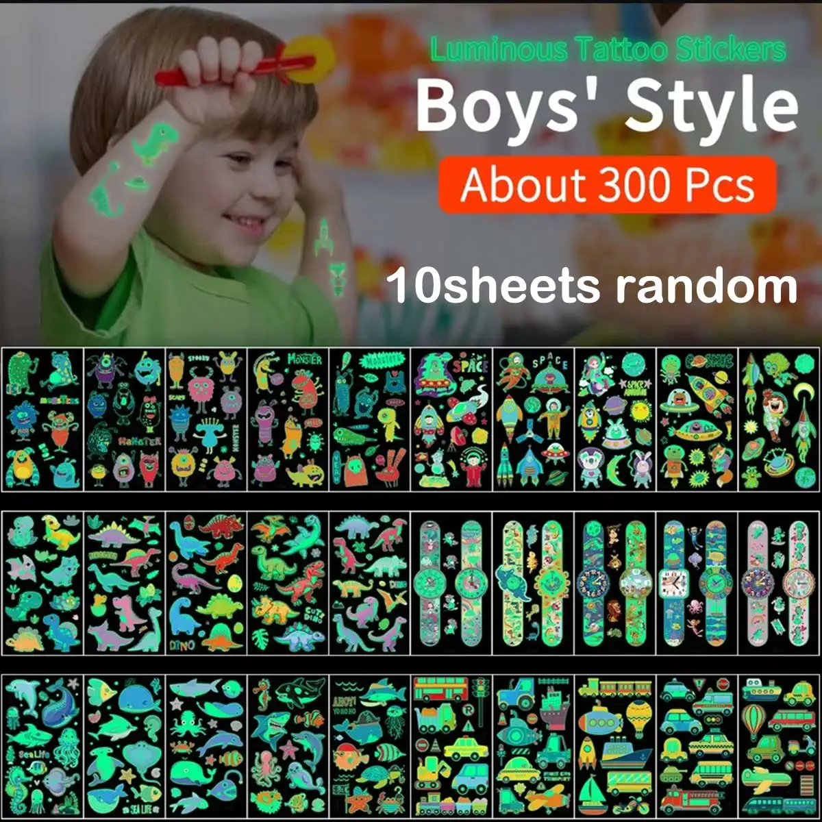 10pcs Children's Luminous Tattoo Stickers Kids Glow Body Paster Unicorn Butterfly Animal Dinosaur Mermaid Cartoon Stickers Gift