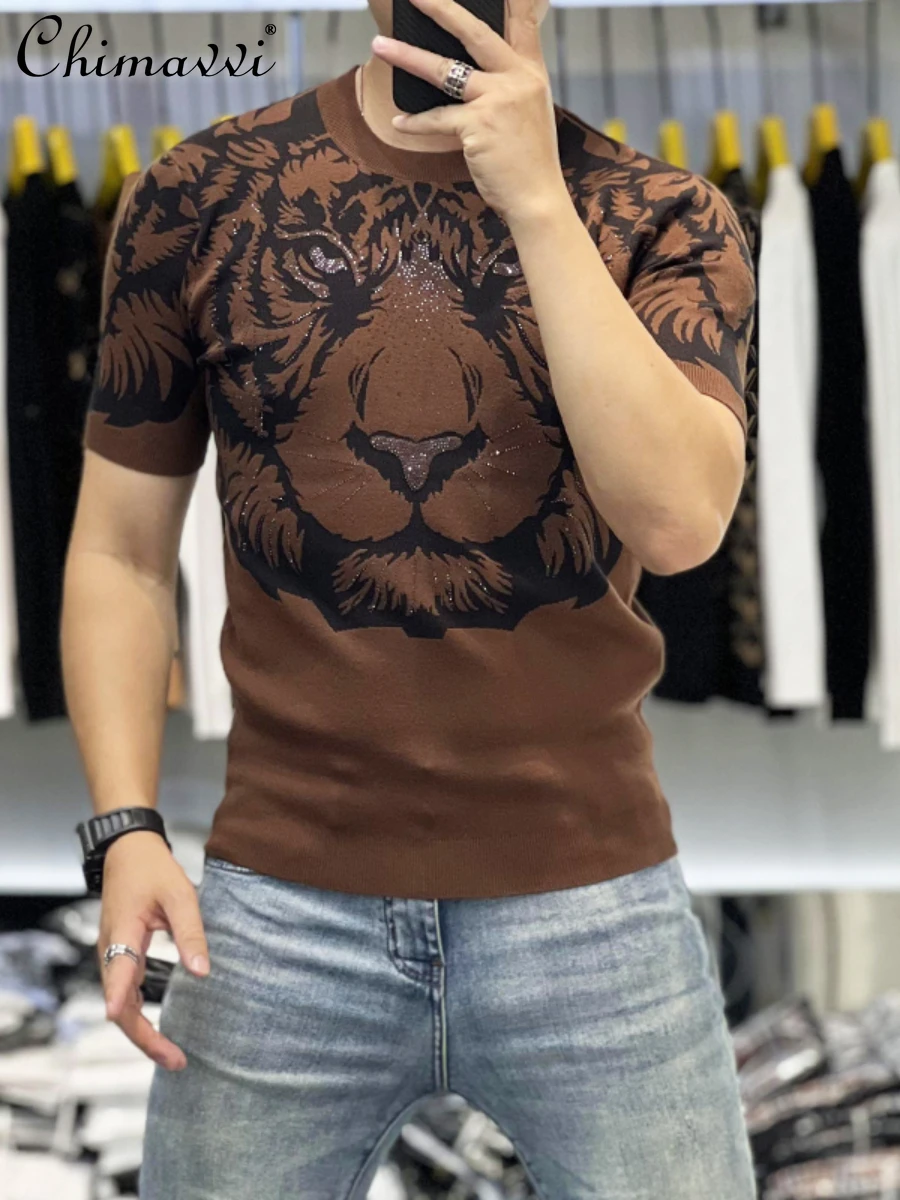 

Men's Short-Sleeved Knitted Top 2024 Spring Summer New Fashion Handsome Heavy Industry Tiger Print Casual Slim T-shirt Men