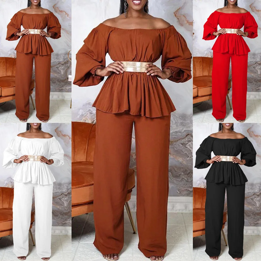 

Plus Size Women Off Shoulder Long Sleeve Tops Wide Leg Pants 2 Pieces Set African Ankara Dashiki Belted Outfits Elegant Suit 2PC