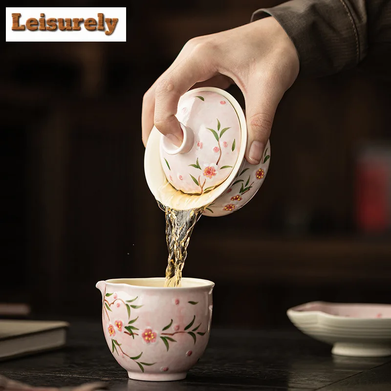 90ml Hand-painted Peach Blossom Gaiwan Handmade Tea Tureen Tea Bowl With Lid Kit Tea Brewing Cover Bowl Chinese Tea Set Gifts
