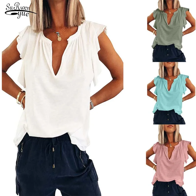 

Fashion V-neck Cotton Shirt 2022 New Summer Short Sleeve Blouse Casual Loose Solid Simple Clothes Women Tops Blusa Mujer 19862
