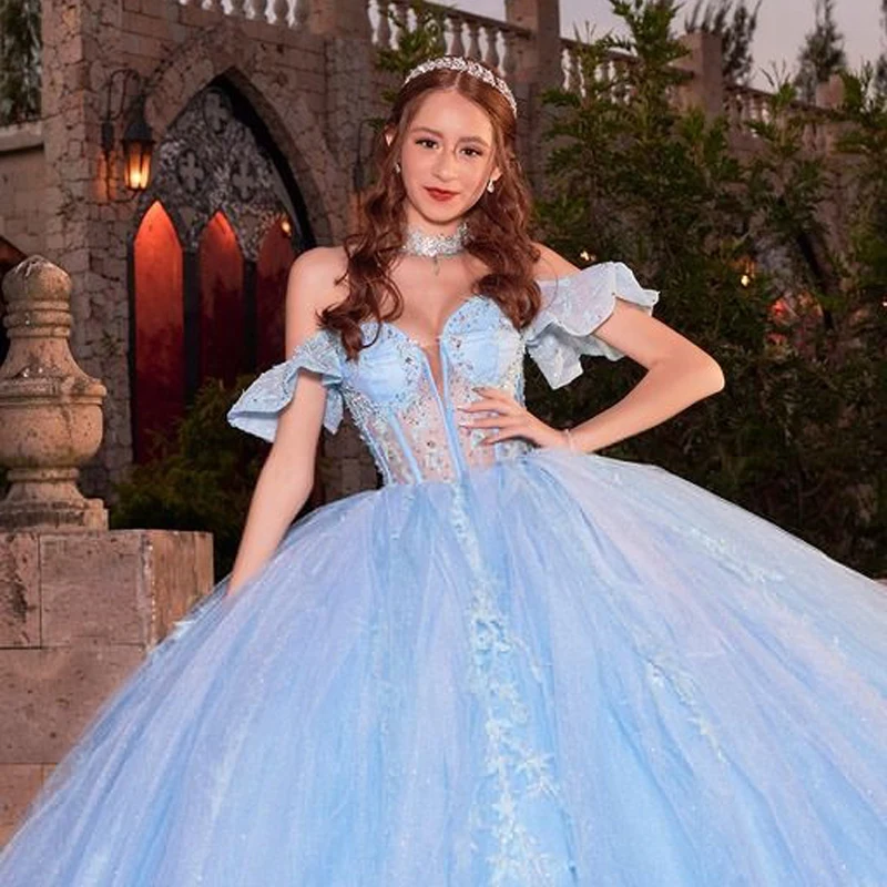 ANGELSBRIDEP Sky Blue Mexican Quinceanera Dresses 15 Party Mexican Girl Birthday Lace Crystal Vestidos De Debutante Customized