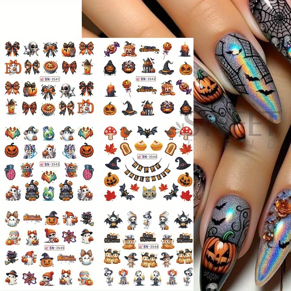 12pcs Halloween Print Water Nail Sticker Spooky Ghost Pumpkin Skull Bat Transfer Sliders Watermark Holiday Manicure Accessories