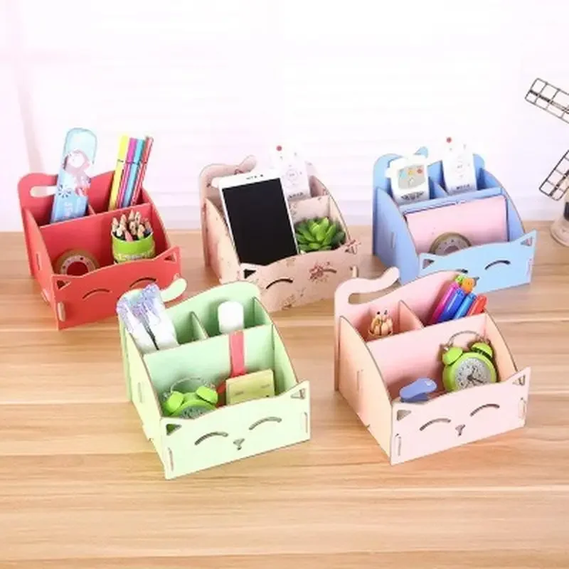 DIY Wooden Assemble Cute Cat Pen Pencil Holder Cosmetic Desk Organizer for Home Office pen holder,stationery organizer