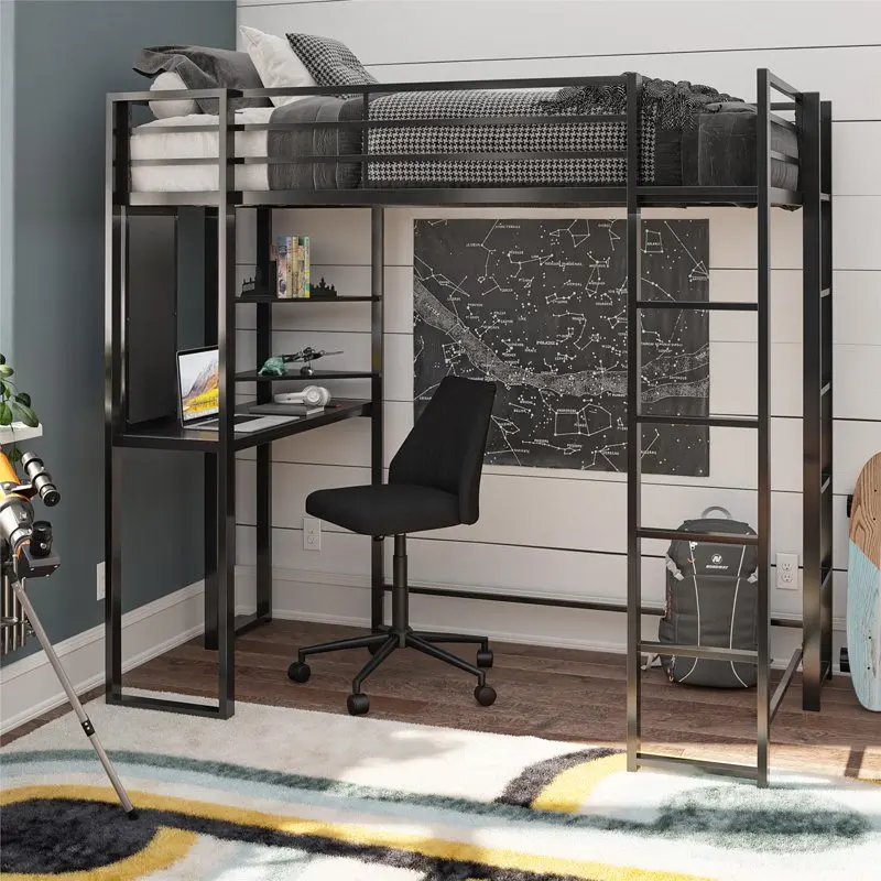 

Twin Size Metal Loft Bed with Desk, Black