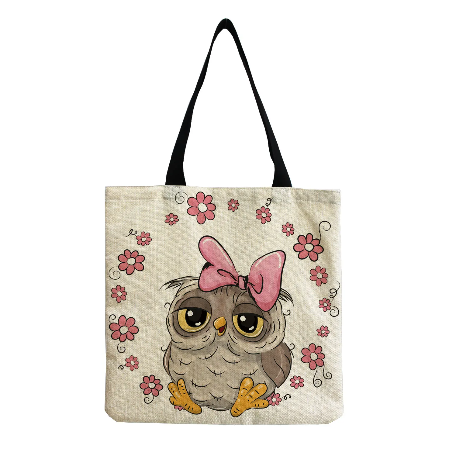 Portable Large Capacity Black Female Shopper Bags Sheep Floral Cartoon Printed Tote Personality Cute Animal Simple Size Handbag 