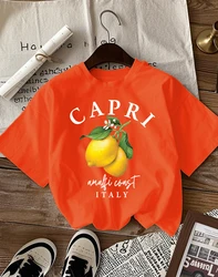 Italian Lemon Print Women's Cotton T - Shirt - O - Neck Short Sleeve Trendy Loose Streetwear Summer Top - S (Orange)
