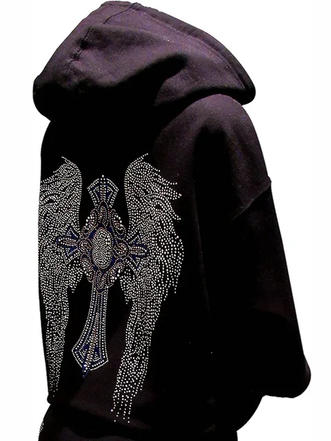 Multicolor Rhinestone Cross And Angel Wings Black Zipper Hoodie - Hoodies u0026  Sweatshirts - AliExpress