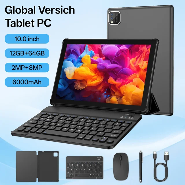 10-inch tablet PC, Android 15 system, quad-core processor, 12 (3+9) GB + 64GB storage, expandable up to 1TB, supports WiFi 6, 1
