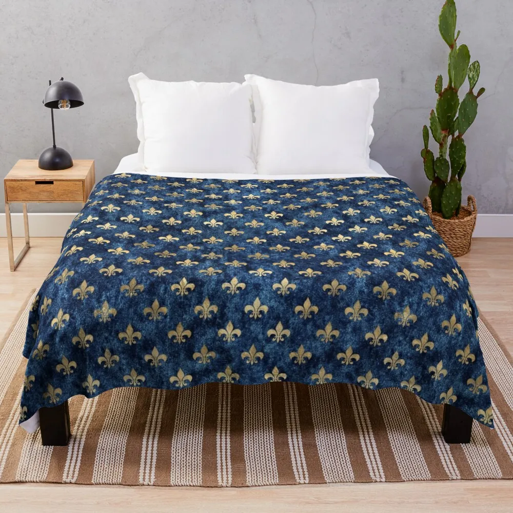 

Old Blue Golden Fleur De Lis Pattern Throw Blanket Heavy Blanket Personalized Gift Thermal Blanket blankets and throws