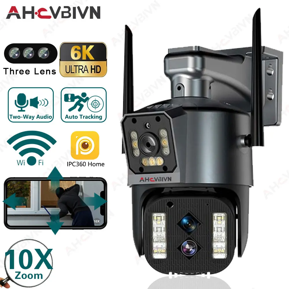 6K Tre Lenti Wifi Outdoor Ptz Security Auto Tracking Protection 10X Zoom 4K Cctv Videosorveglianza Dual Screen Ip 12Mp Camera