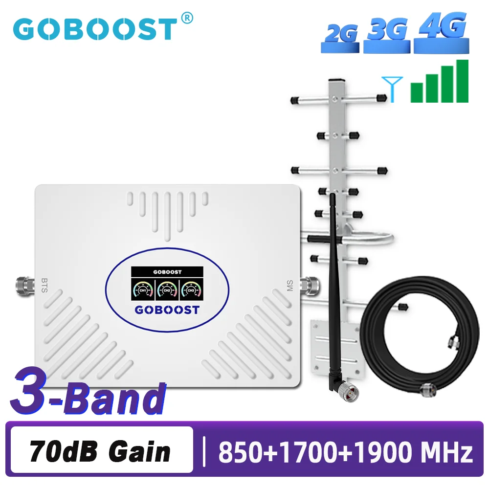 

GOBOOST 3-Band Signal Booster 2G+3G+4G LTE Cellular Amplifier 850 GSM PCS 1900 1700 MHz Network Cell Phone Repeater Antenna Kit