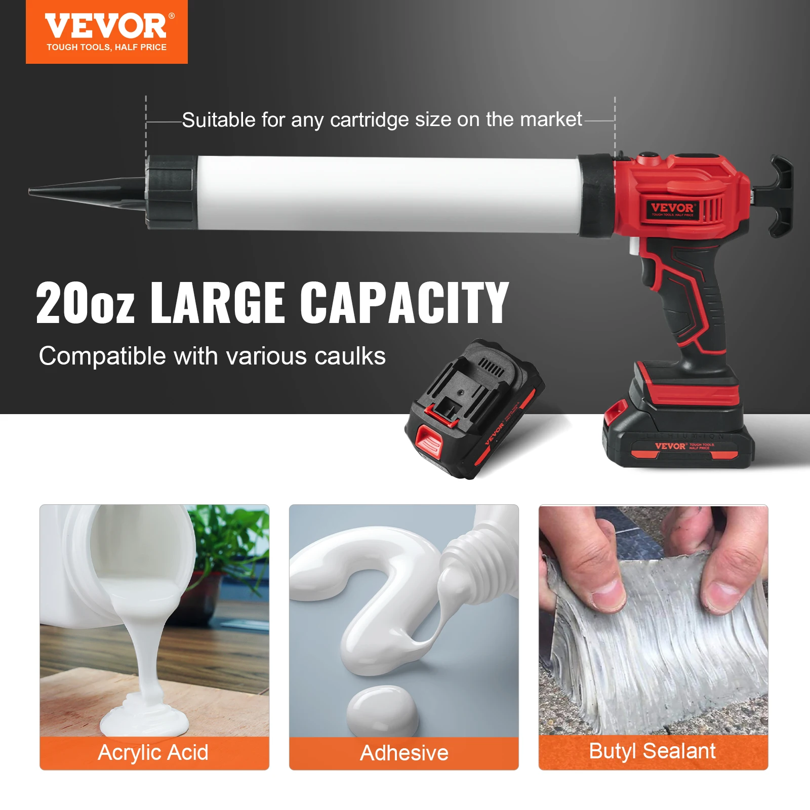 VEVOR Cordless Caulking Gun 20oz/600ml 20V Electric Sausage Caulking Gun with 4 Adjustable Speeds Anti-Drip Battery Powered 2