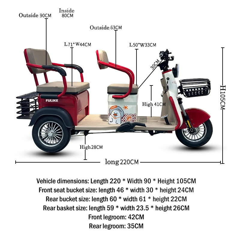 FULIKE 800W 3-Wheel Electric Tricycle Scooter CE Certified Steel Material 2 Seat Open Body Type Motorized Adults