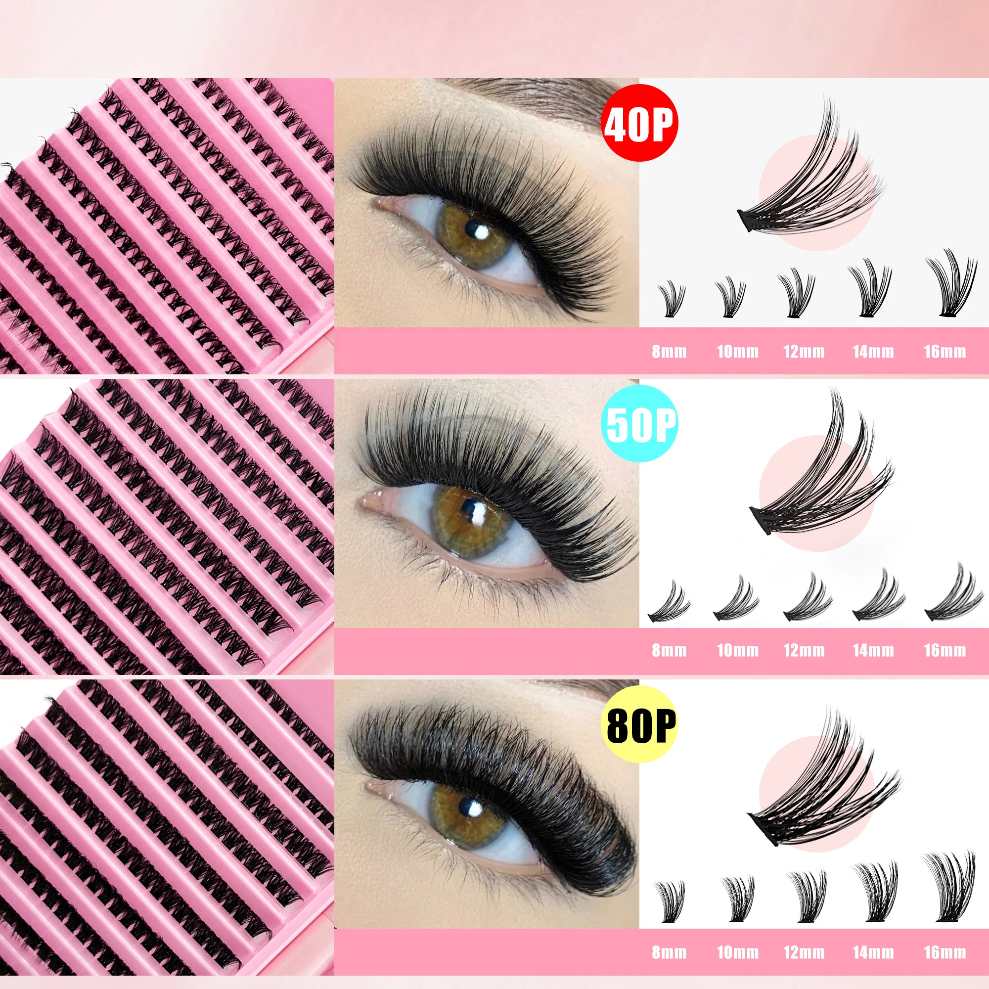 Lash Clusters Kit Fluff 80D Individual Lashes Cluster Eyelash Extensions DIY Lash Extension Kit Lash Bond and Seal Waterproof, L