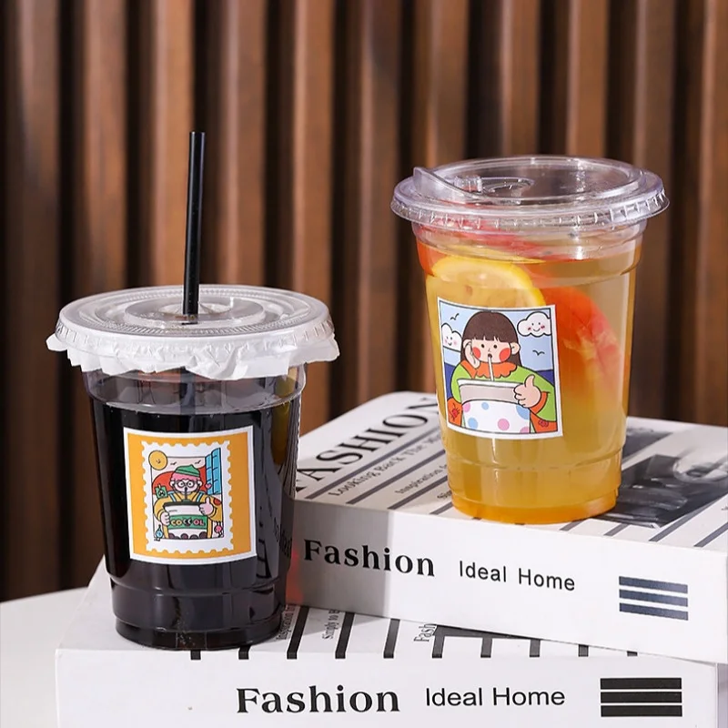 10PCS 520ml Plastic Disposable Cups with Lids Straws Leak Proof Paper Stickers for Cold Drinks Milk Tea Coffee Beer Party Drinkware plastic cups