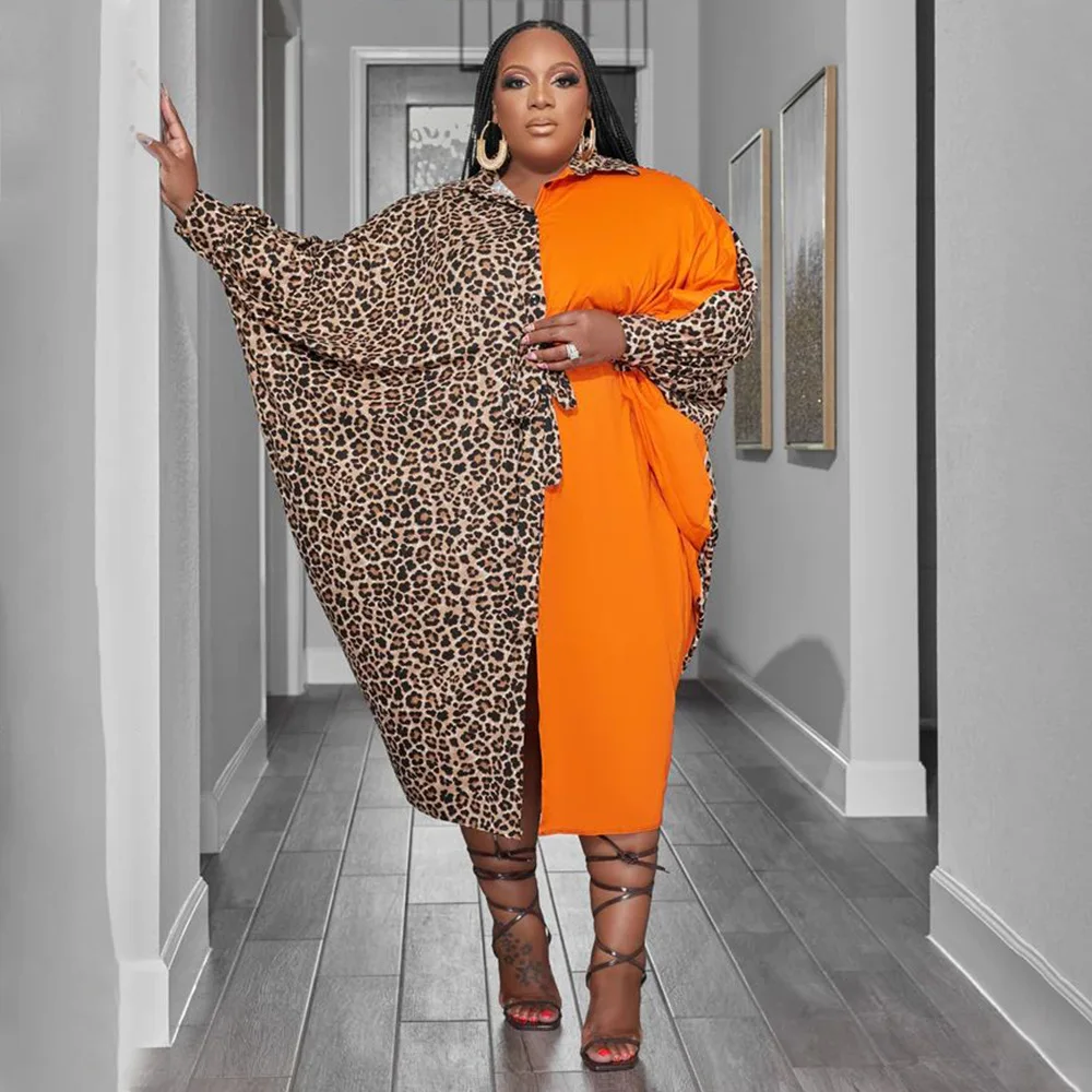 

2022 African Dresses for Women Leopard Patchwork Bat Sleeve Traditional Loose Abaya African Boubou Robe Africaine Femme Clothes