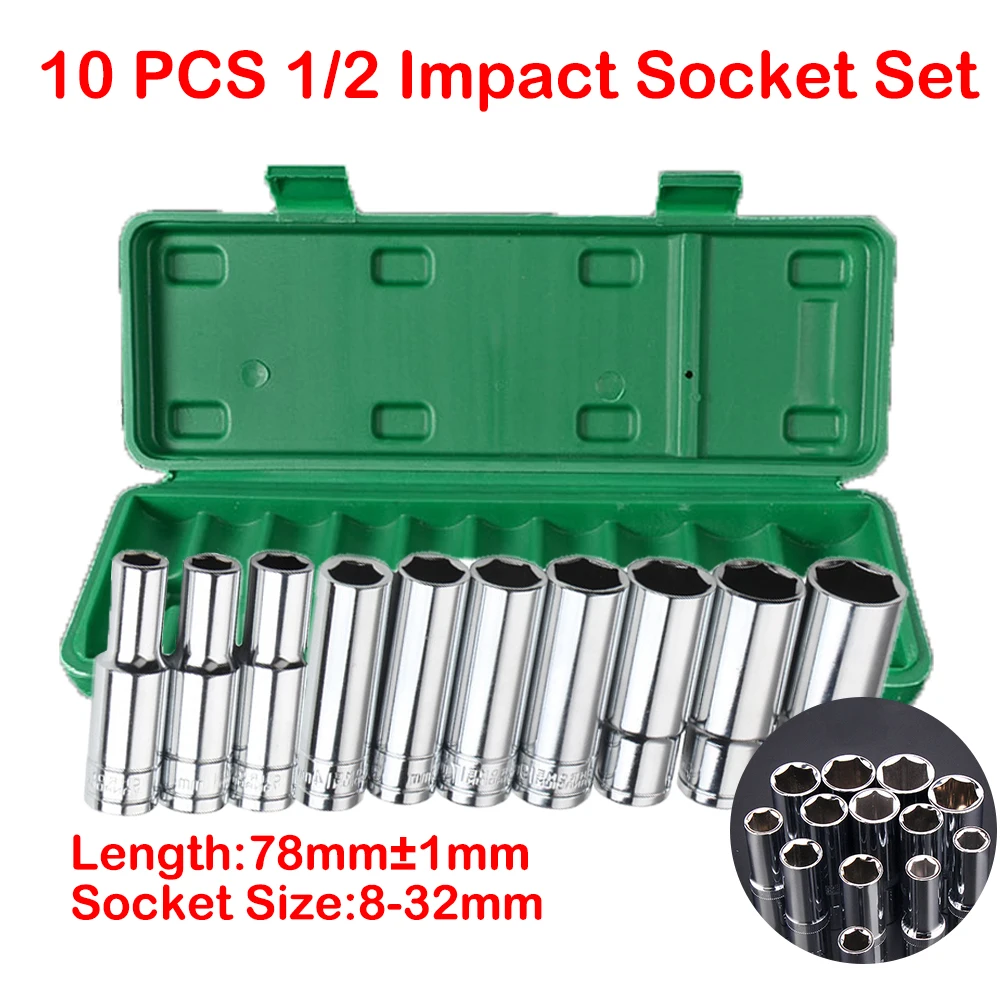 

10PCS 1/2 Deep Socket Set Impact Wrench 8-24mm CR-V Mechanical Workshop Tools 78mm Hex Nut Keys For Pneumatic Electric Wrench