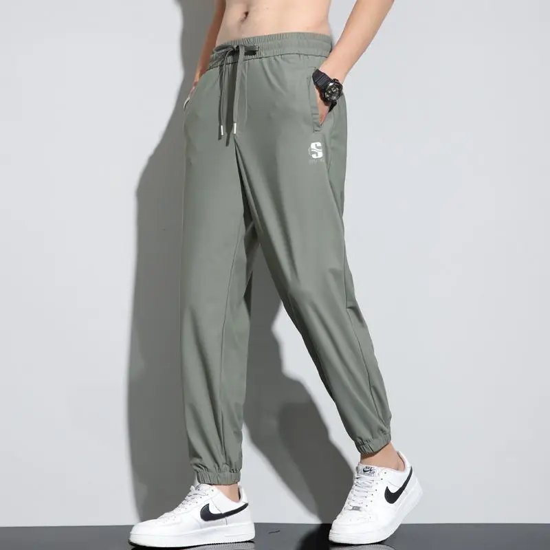 Men's Ultra-thin Ice Silk Pants Trendy Brand Loose Trousers Sports Quick Drying 2023 Summer Thin Elastic Cropped Casual Pants