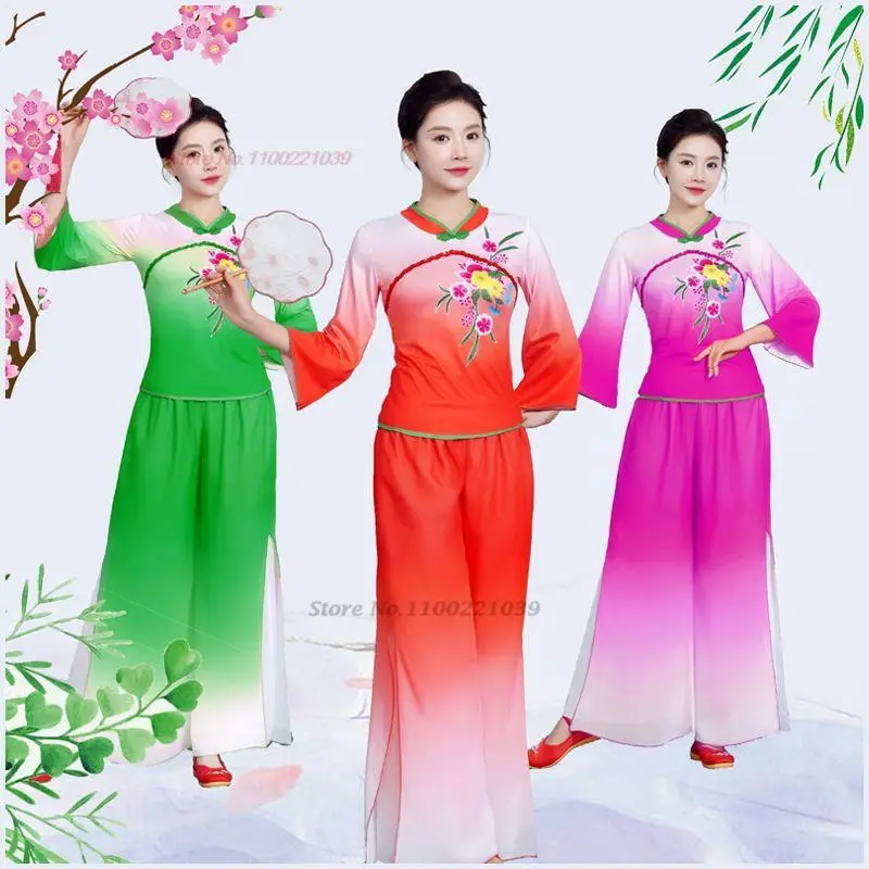 

2024 chinese vintage dance costume national flower print hanfu tops+pants set stage performance costume chinese vintage hanfu