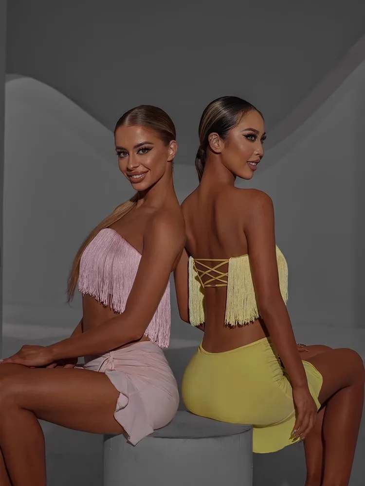 

ZYMdancestyle 2023 Latin Dance Mini Fringe Top Black Yellow Pink Rich Tassel Strapless Tube Top with Bra #2146