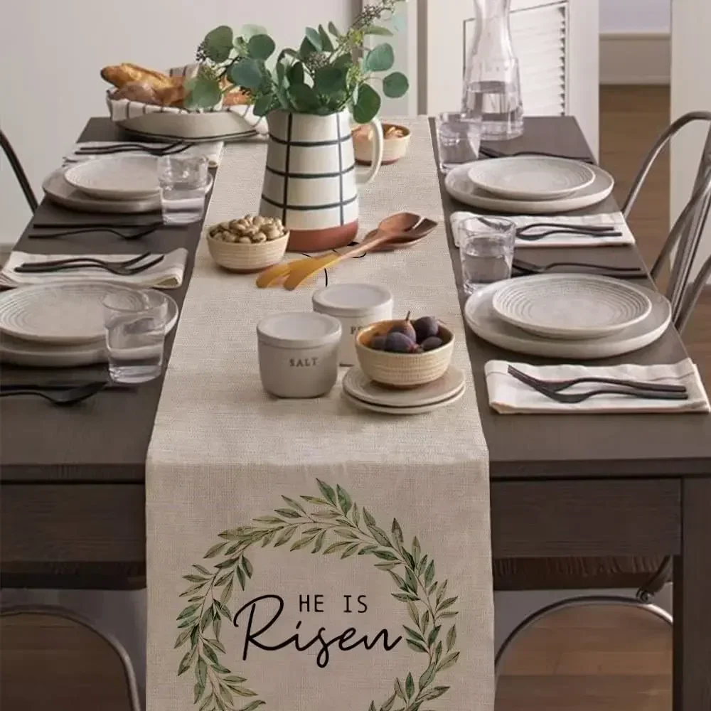 Easter He Is Risen Linen Table Runner Wedding Decoration Spring Dining   Farmhouse Theme Gathering Party 2