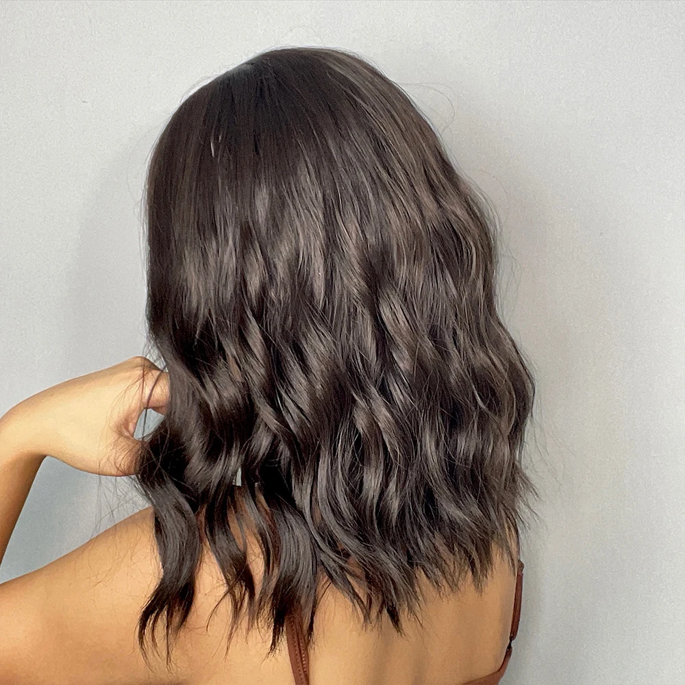 Kurze gewellte Bob Perücken für Frauen dunkelbraune Bob natürliche synthetische Perücke mit Pony für Mädchen täglich Cosplay verwenden hitze beständig – Detail 3