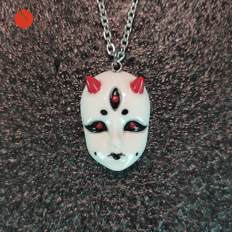 

Halloween Dark Guardian Spirit Three Eyed Devil Ceramic Hand Painted Doll Face Ghost Mask Necklace Strange Pendant