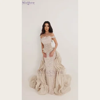 MisShow Haute Couture Evening Dresses Beaded Off Shoulder Layered Waves Train Mermaid Prom Dress Exquisite Formal Vestidos