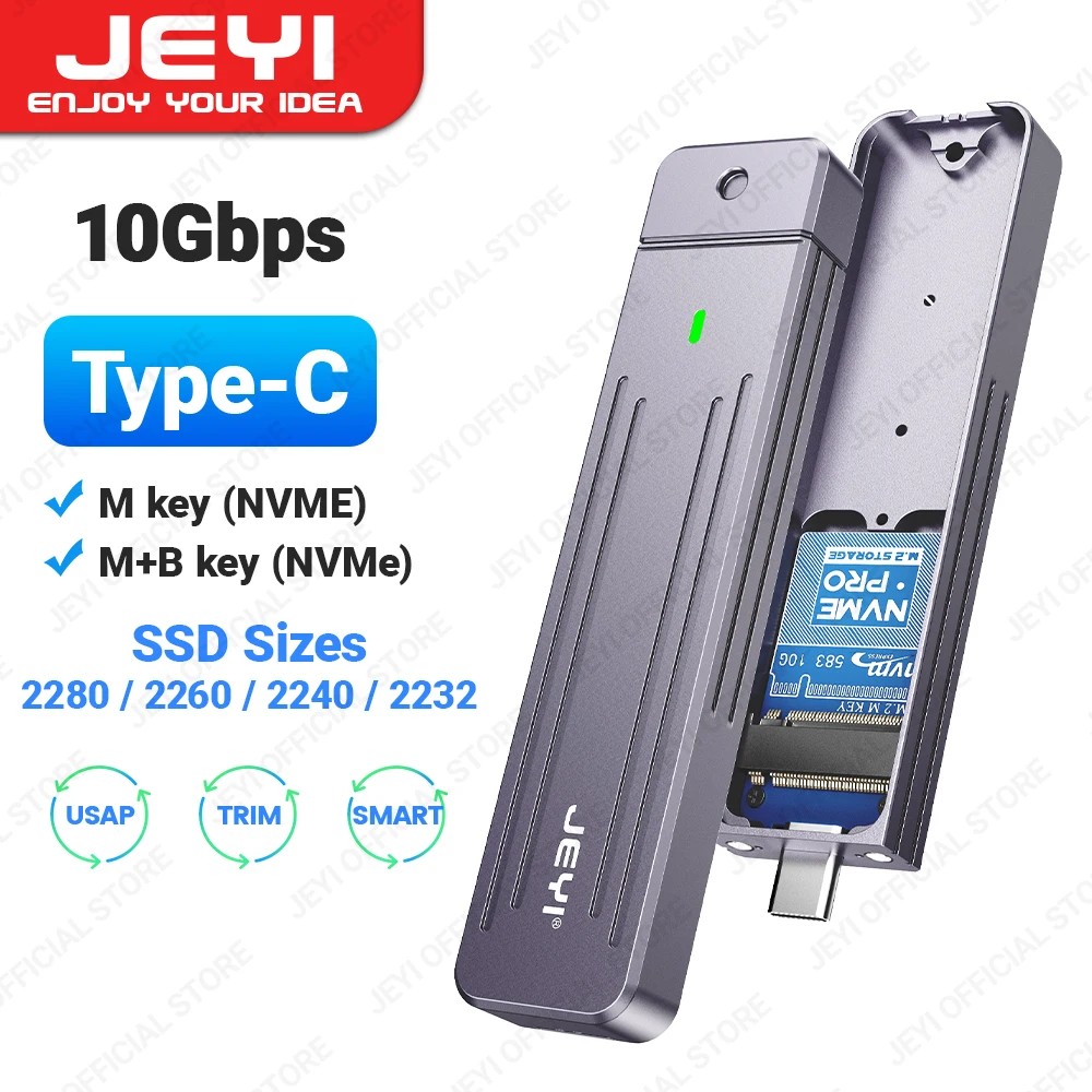 JEYI Direct-attach M.2 NVMe Enclosure, USB-A Plug USB 3.2 10Gbps In-line Aluminum 2242 2280 SSD Case With Magnet Protective Case