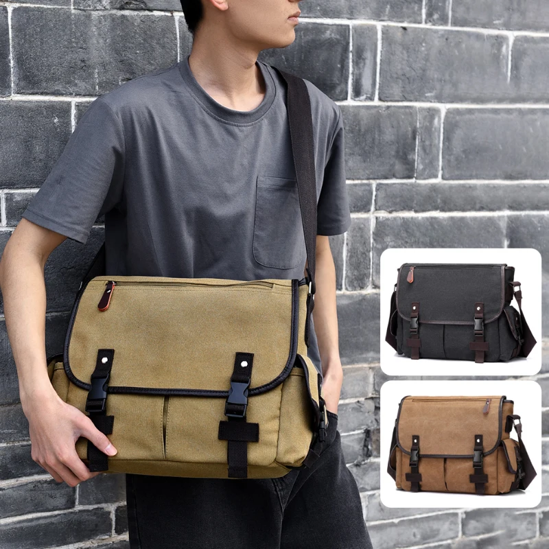 Retro style canvas crossbody bag, large capacity shoulder bag, multi pocket mailman bag, briefcase