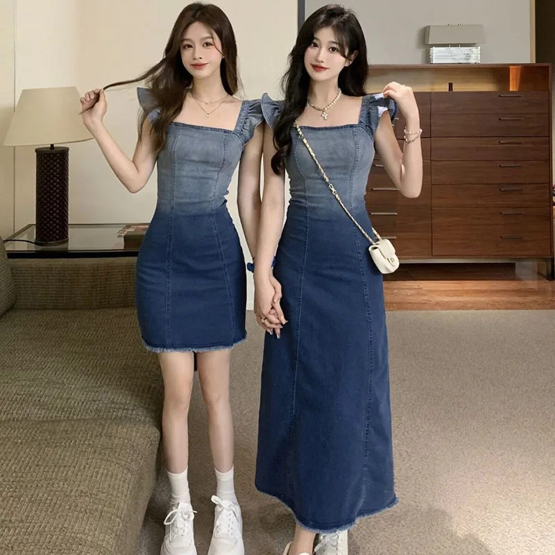 

Женское джинсовое платье с разрезом, разноцветное длинное платье из мягкой джинсовой ткани с широким рукавом, с градиентом, модель Y2k в Корейском стиле на лето, 2023