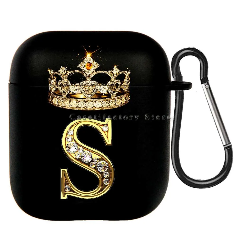 Elegant Diamond Crown Initial AirPods Case - Black Wireless Bluetooth Earphone Cover
