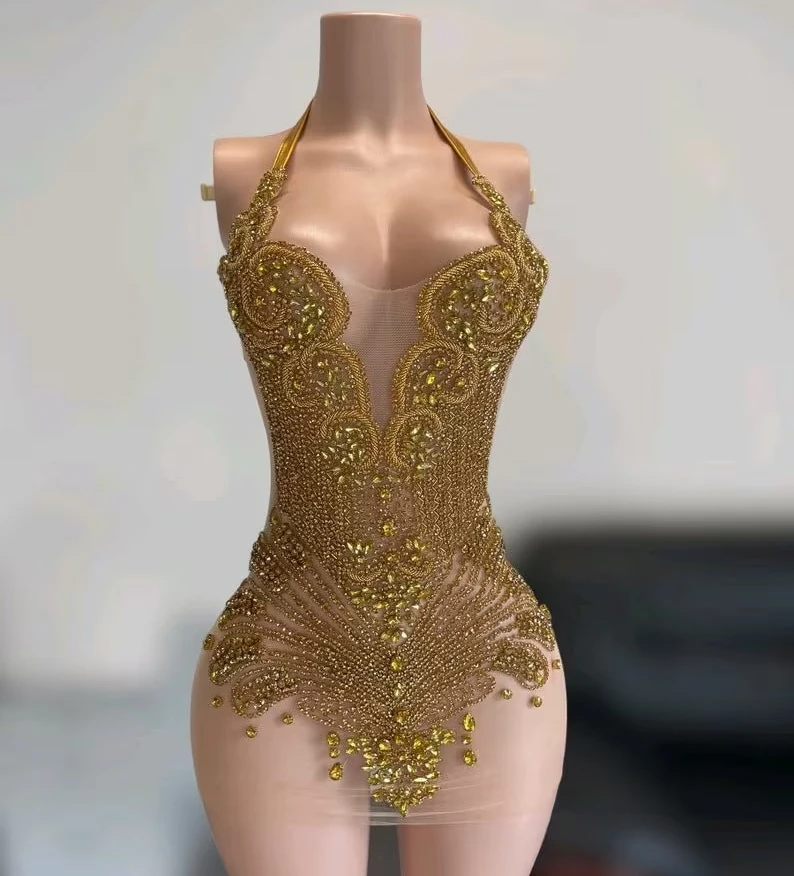 

Gold Halter Sexy Diamond African Cocktail Dresses Beaded Birthday Party Dresses Short Prom Dresses Black Girls Mini Homecoming