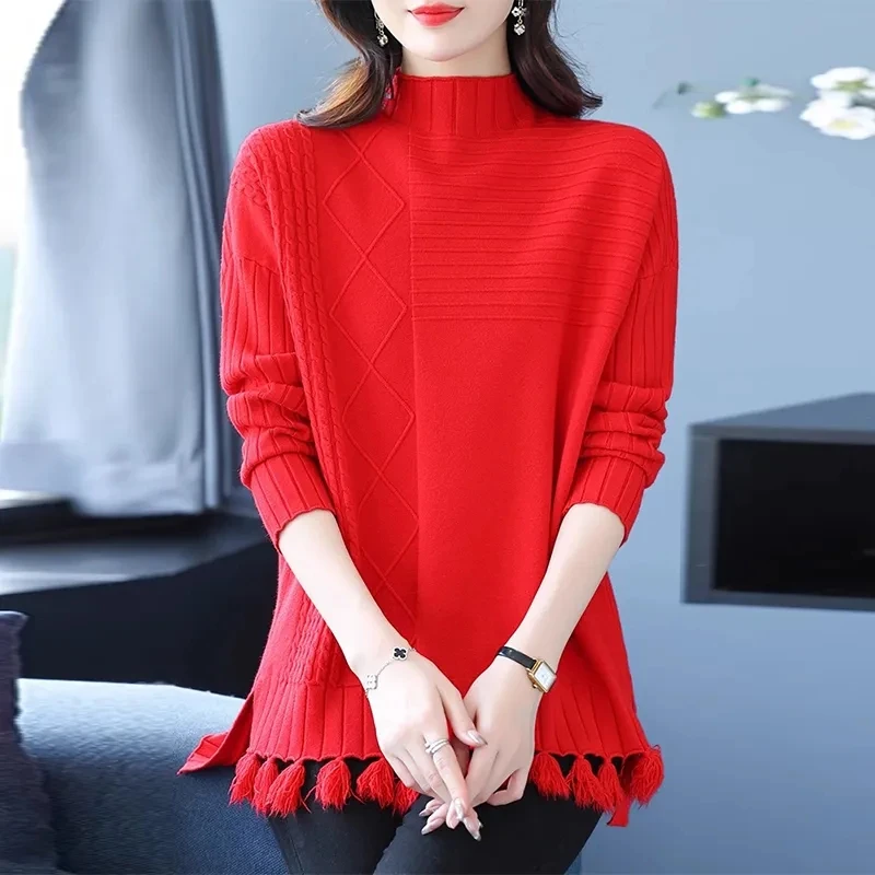 

2024 Autumn Winter Jumper Sweater Women Fashion Elastic Long Sleeved Half High Neck Bottoming Knitted Pullover Female Knitwear