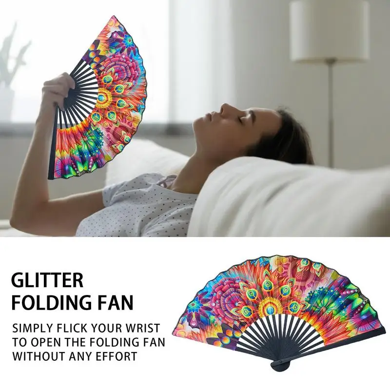Chinese Style Pattern Hand Held Bamboo Satin Cloth Folding Fan For Church Wedding
