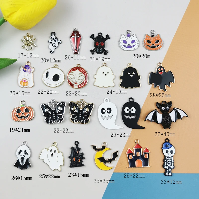 48Pcs Mix 12 Styles And 1Box Cartoon Halloween Enamel Charms Pumpkin Ghost Bat Cat Pendants for DIY Jewelry Making Party Gifts
