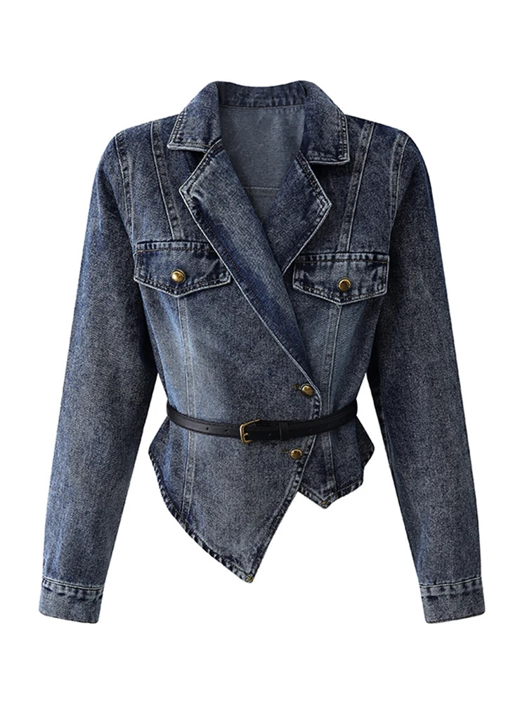 [Vibe] Blue Elegant Denim Jacket New Lapel Long Sleeve Belt Waist Slim Fit Women Coat Fashion Tide Spring Autumn 2025