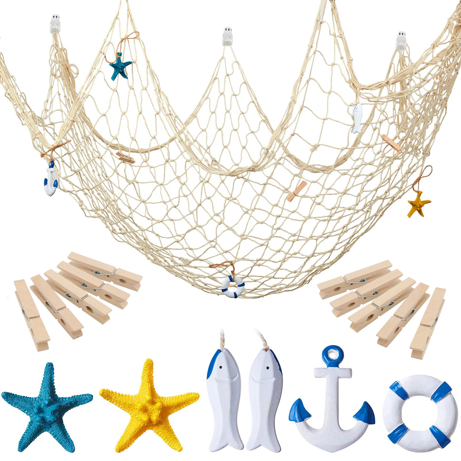 Resin Starfish Ornaments Fishing Net Wall Decoration 16pcs Nautical Fish Net Wall Decoration with Starfish Ornaments and Clips for Pirate Party Photographing Decor