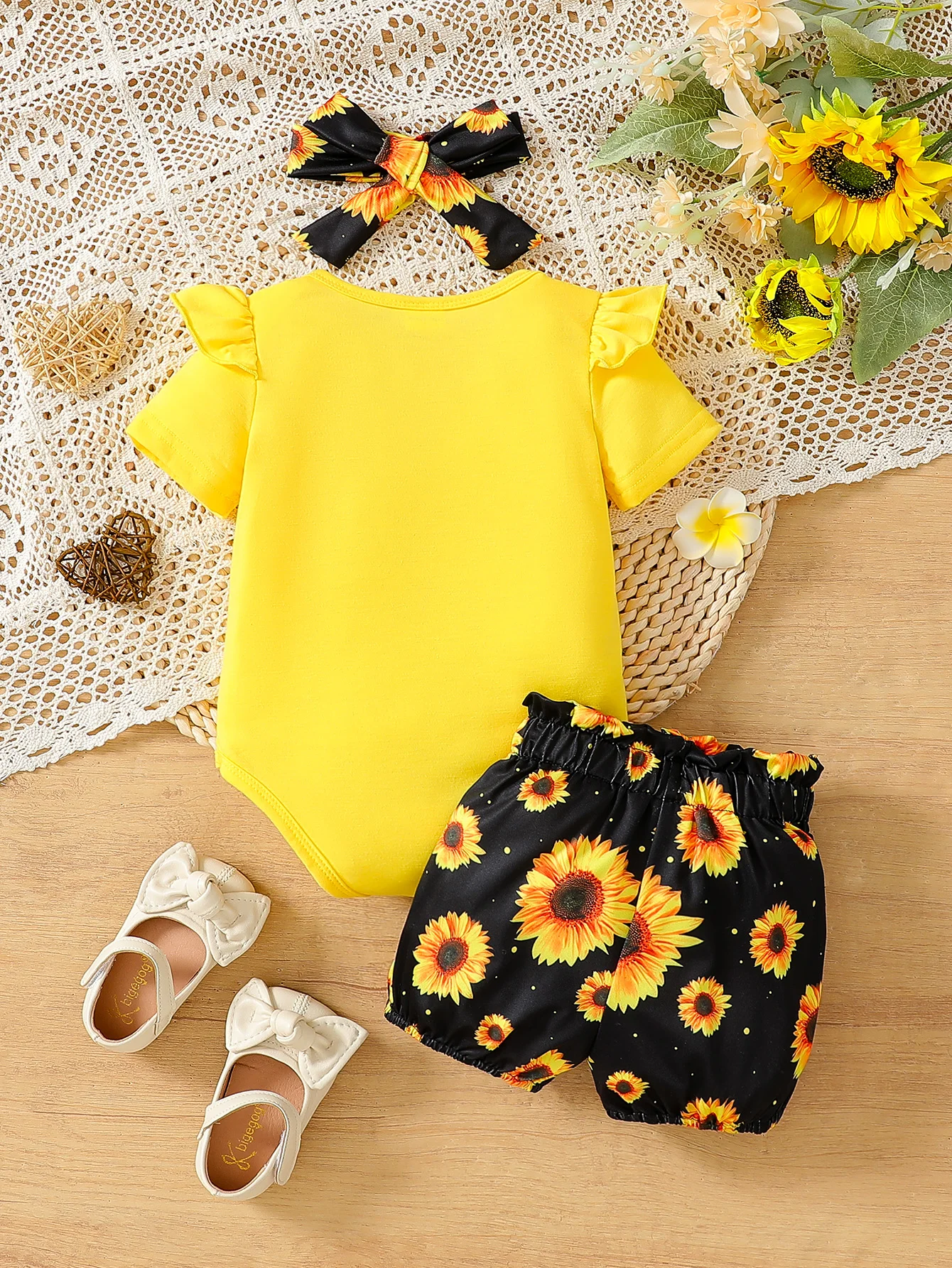 Baby Girl Sunflower Print Outfit Set Short-Sleeve Romper with