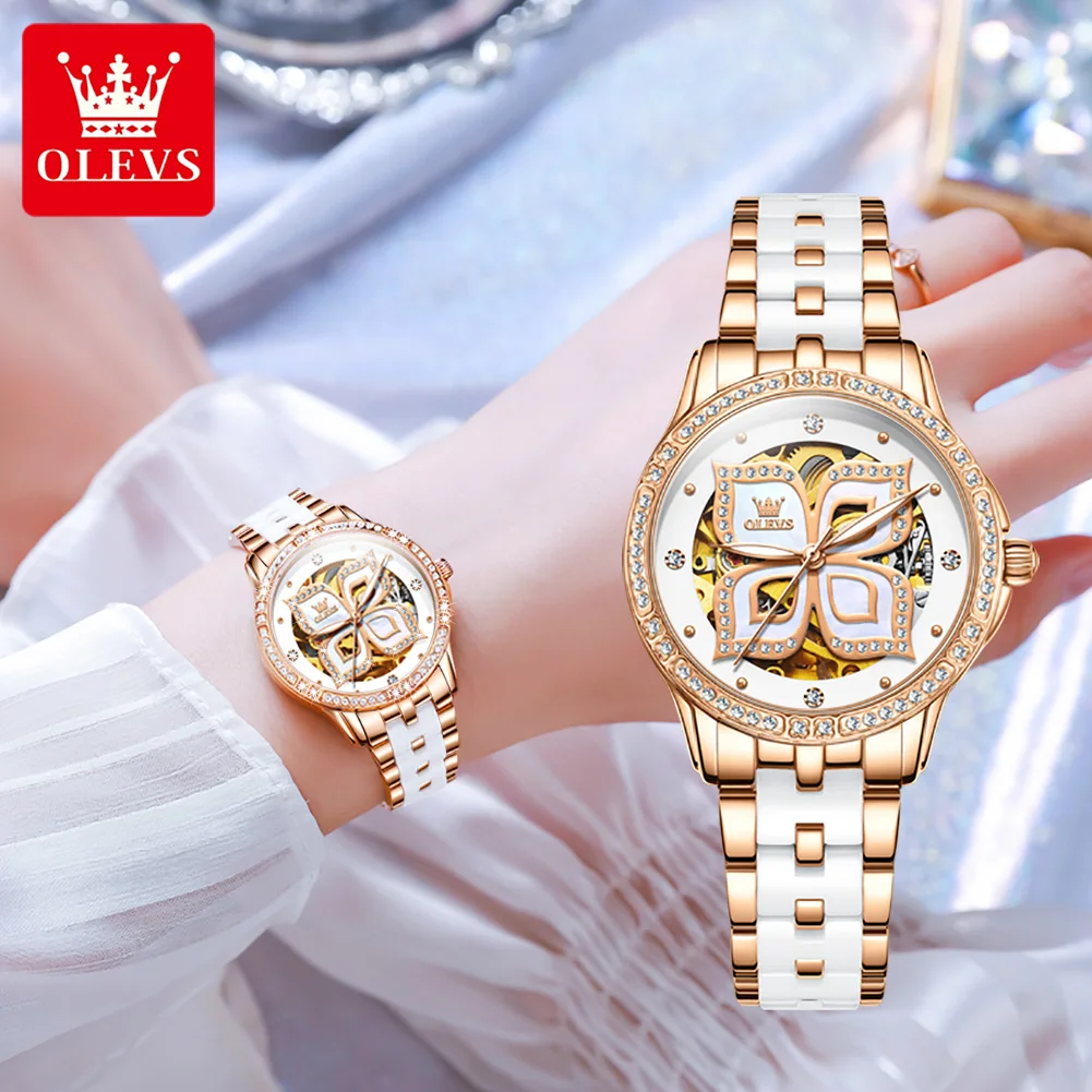 OLEVS Brand Luxury Ceramics Mechanical Watch for Women Waterproof Luminous Fashion Diamond Skeleton Watches Womens Montre Femme