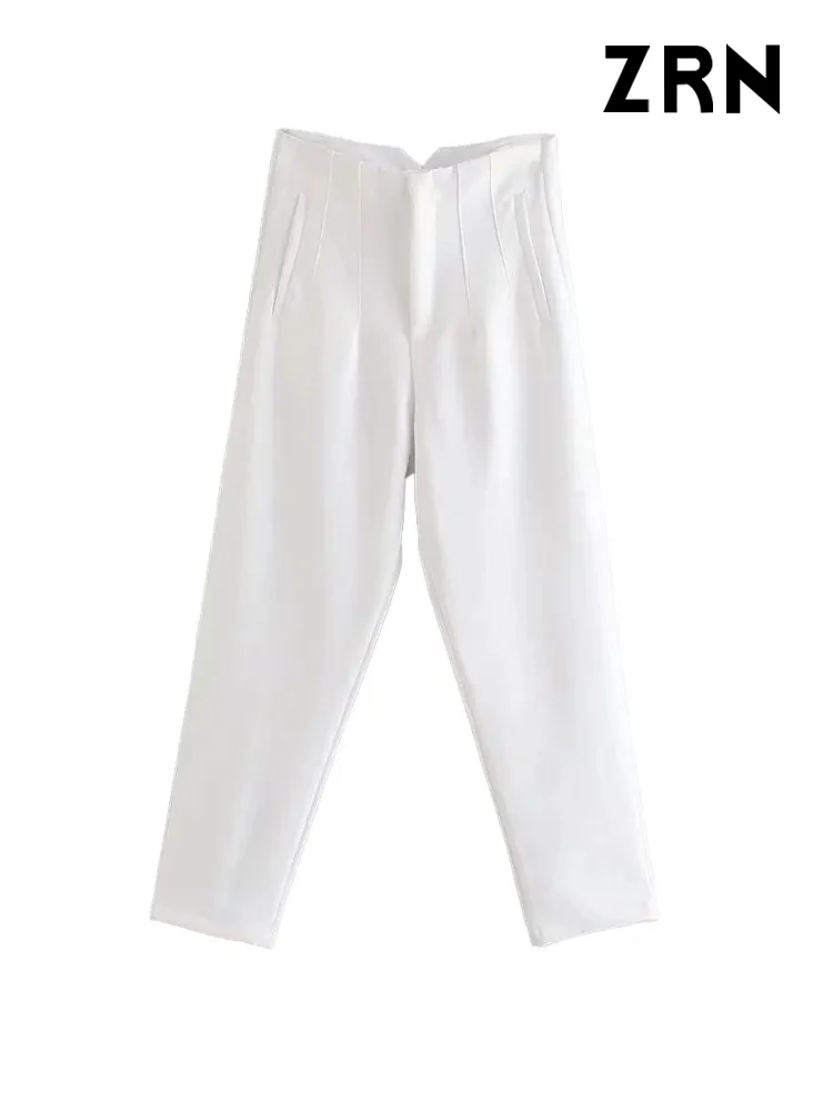 ZRN Women Chic Fashion With Seam Detail Office Wear Pants Vintage High Waist Zipper Fly Female Ankle Trousers Mujer