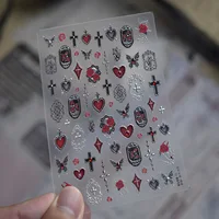 Autocollants pour ongles Gothic Rose 5D, motifs floraux rouges, croix, cœur rubis, papillon, bordure ajourée antique, strass, accessoires pour ongles audacieux 3