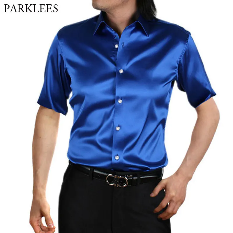 Stylish Gold Silk Satin Shirt Men Chemise Homme 2019 Casual Short Sleeve Slim Fit Mens Dress Shirts Business Camisa Masculina 4