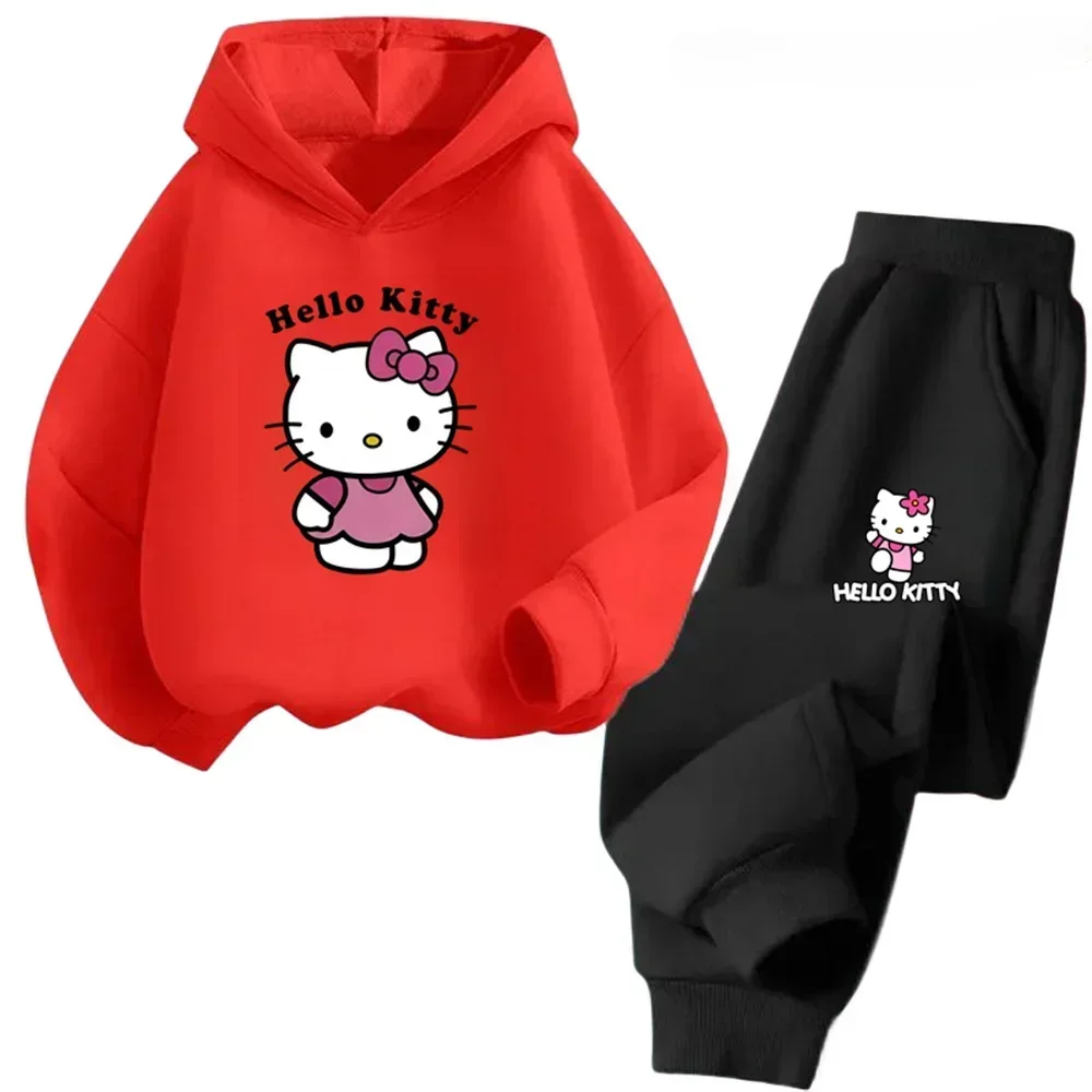 thumbnail image 1 of Conjunto de 2 piezas de sudadera y pantalones con estampado de dibujos animados de Hello Kitty Kawaii, ropa de primavera y otoño para niños y niñas, chándal de moda para niños, 1 of 5