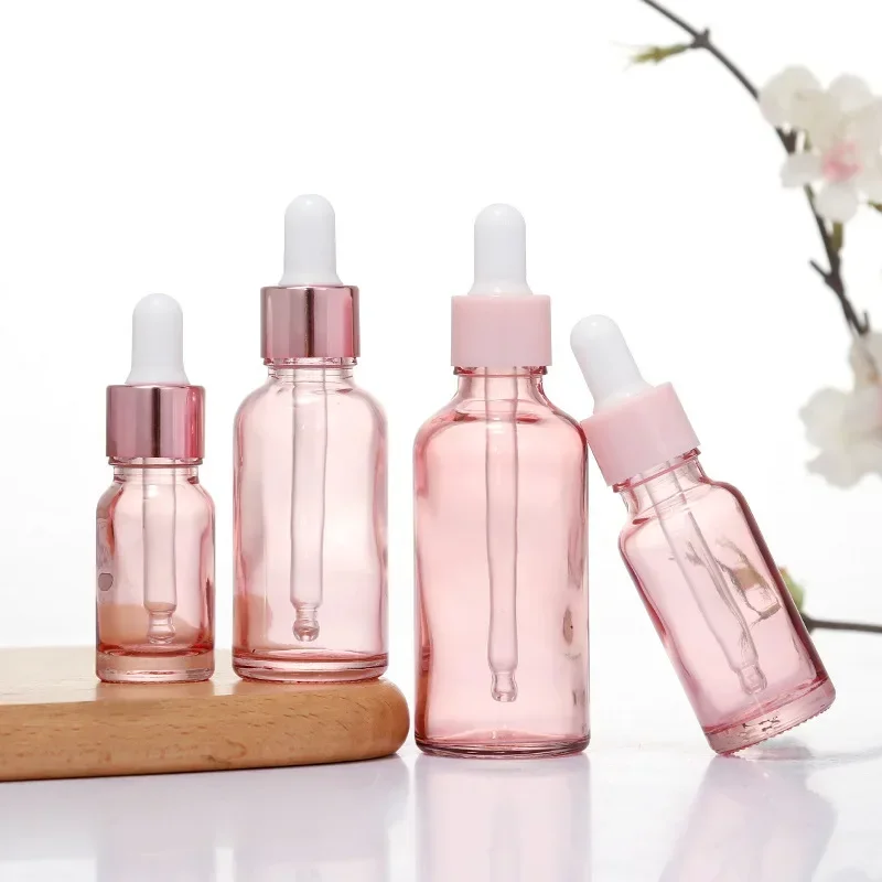 Dropper Bottles Refillable 5-100ML Rose Lid Cosmetic Container Pink Glass Aromatherapy Liquid for Essential Massage Oil Pipette dropper bottle